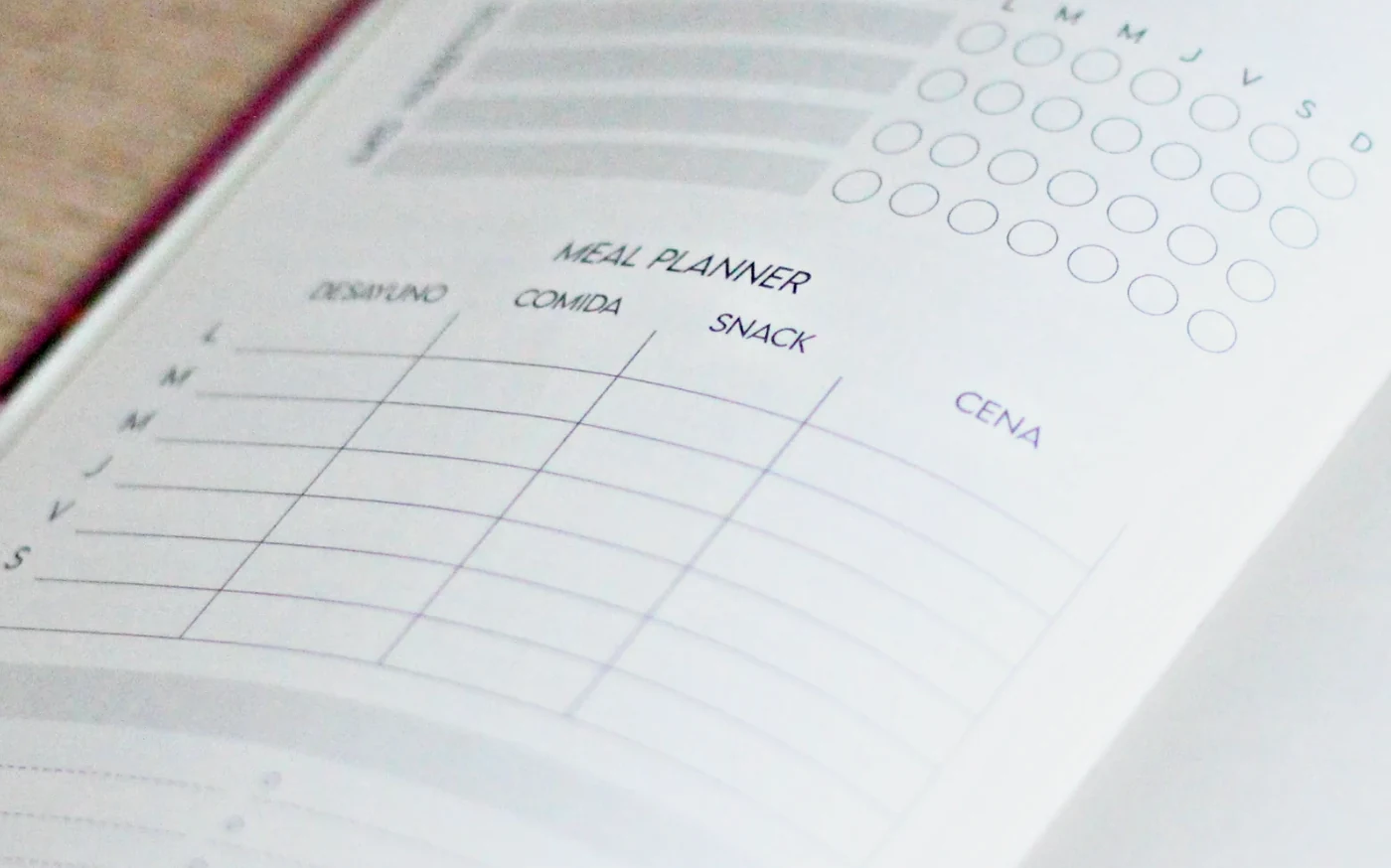 Interior de la Planner 2027: el planificador de comidas y la rejilla de hábitos del mes.